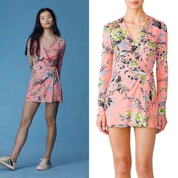 DVF Silk Floral Long Sleeve V-Neck Wrap Style Tie Waist Faux Mini Dress Romper 8 - Picture 1 of 10